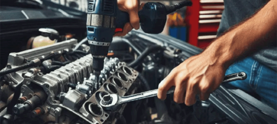 Mechanic using a power drill and hand wrench to fix an engine block.