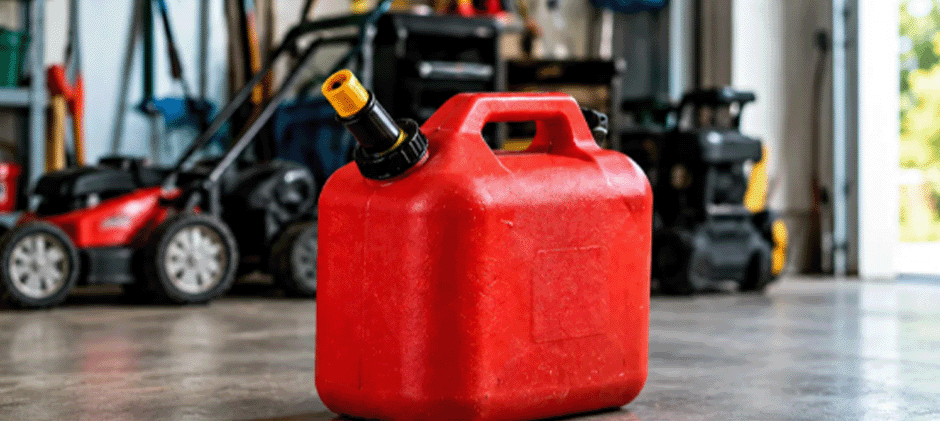 Red approved gas can sitting on a garage floor near a lawn mower.
