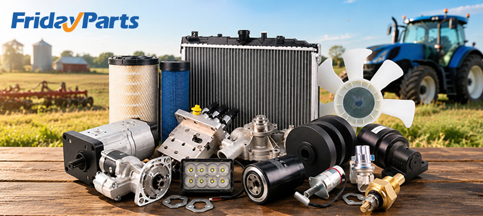 A radiator, filters, and hydraulic components displayed on a wooden table with a blue tractor in the background.