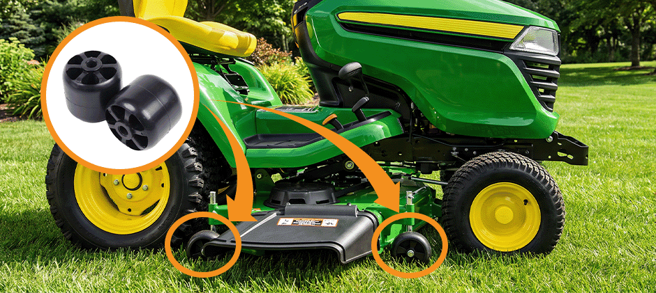 Replacement lawn mower deck wheels highlighted with arrows pointing to their mounting positions on the mower deck.
