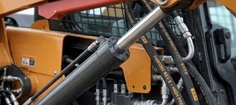 Close-up of heavy-duty hydraulic hoses and a lift cylinder on a skid steer loader. Title: Skid Steer Hydraulic Hoses and Connections
