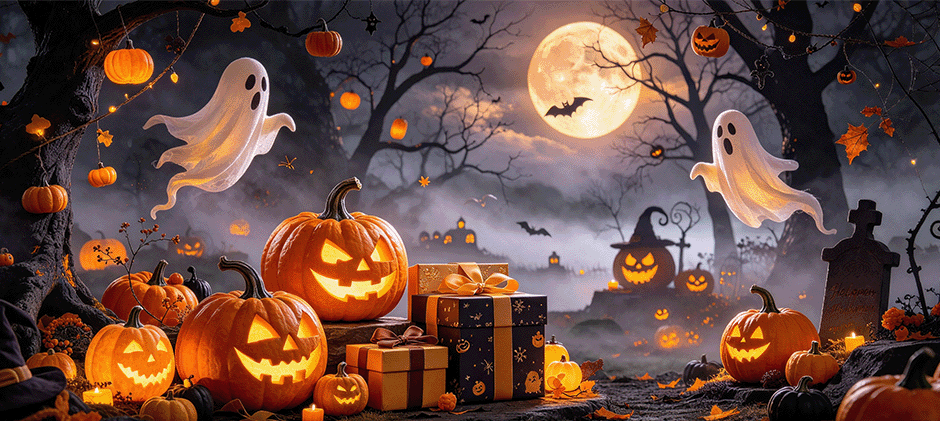 Spooky Halloween night scene with glowing jack-o'-lanterns, floating ghosts, and gifts.