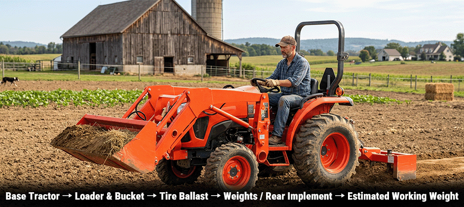A Kubota tractor's weight is the base tractor plus the full working setup.