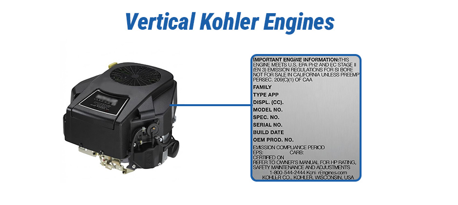 Location of the identification decal on a vertical shaft Kohler engine.